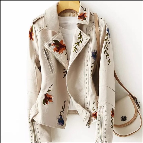 🎉New Chic Ivory Floral Print Embroidery FauxLeather Moto Jacket - Picture 12 of 16